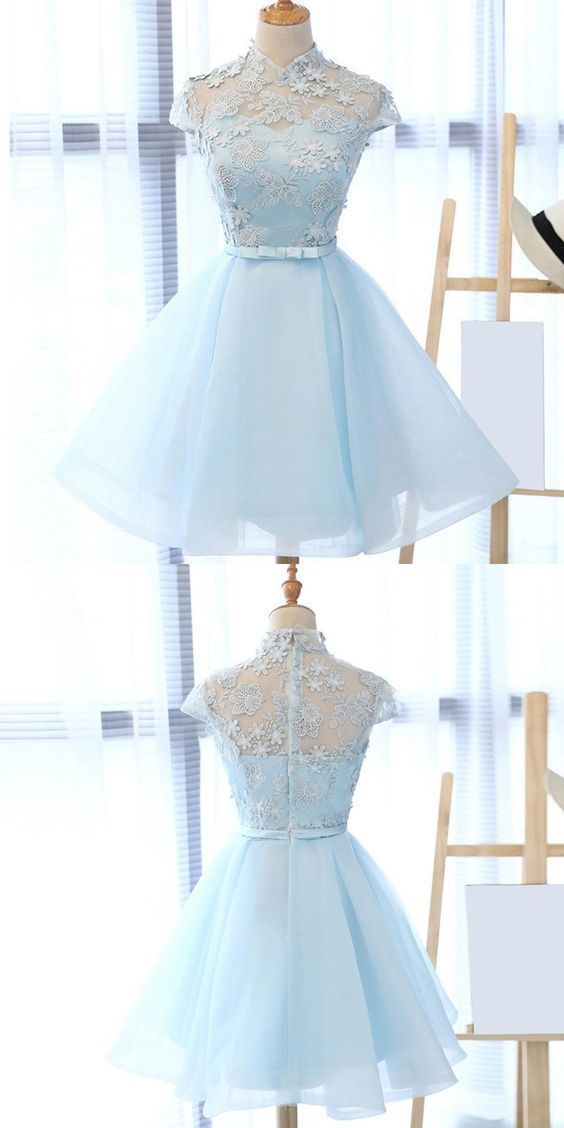 Chic Light Sky Blue Tulle High Homecoming Dresses Zion Neck Party Dress 479