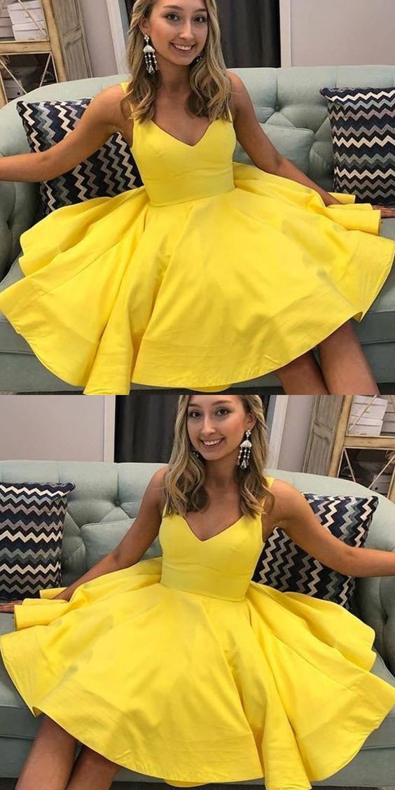 A-Line Yellow Homecoming Dresses Satin Amani Short Party Dress 5190