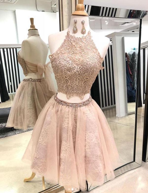 Halter Champagne Short With Appliques Two Pieces Homecoming Dresses Izabella 527