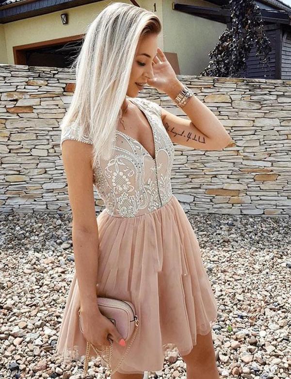 Saige Homecoming Dresses V Neck Champagne Tulle Short With Appliques 533