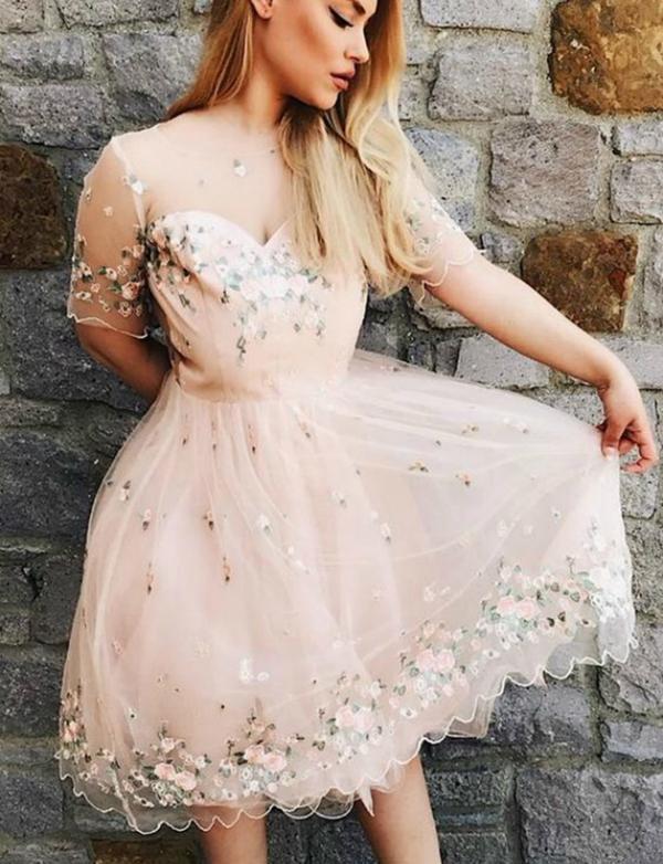 A-Line Crew Short Sleeves Tulle Party Dress With Homecoming Dresses Pink Kendall Embroidery Cheap 535