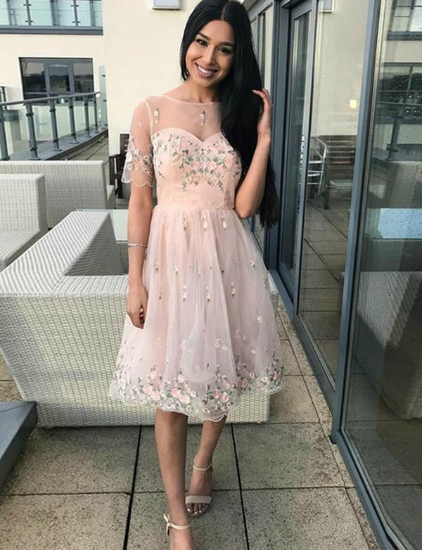 A-Line Crew Short Sleeves Tulle Party Dress With Homecoming Dresses Pink Kendall Embroidery Cheap 535