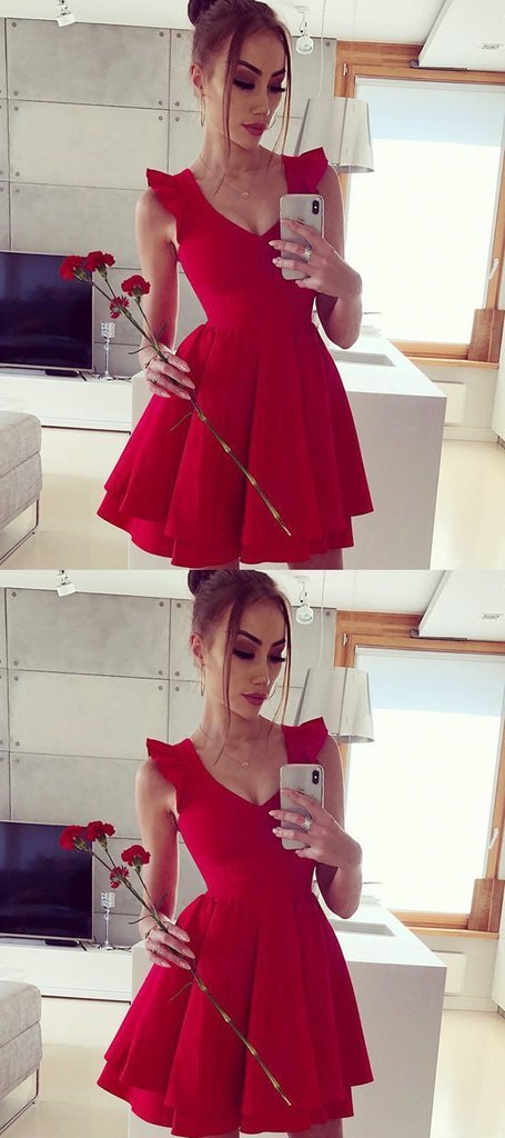 Simple A-Line V-Neck Sleeveless Red Mireya Homecoming Dresses With Ruffles 582