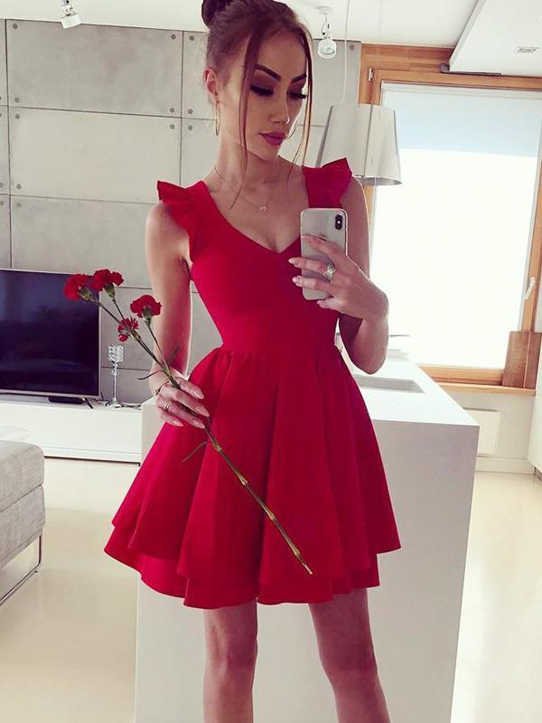 Simple A-Line V-Neck Sleeveless Red Mireya Homecoming Dresses With Ruffles 582