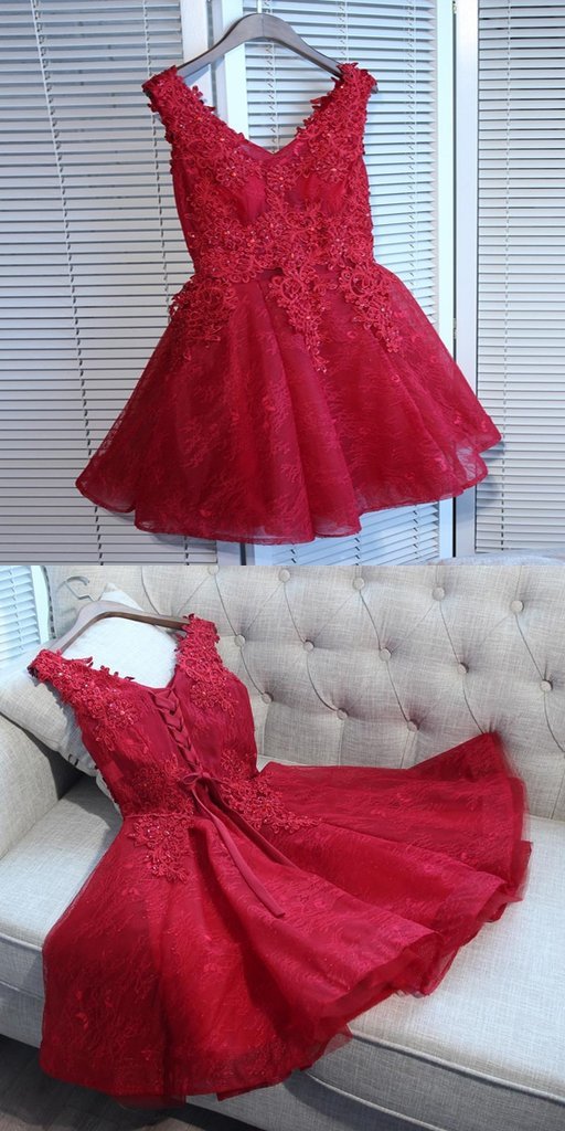 A-Line Cara Homecoming Dresses V-Neck Red Tulle Sleeveless With Appliques 584