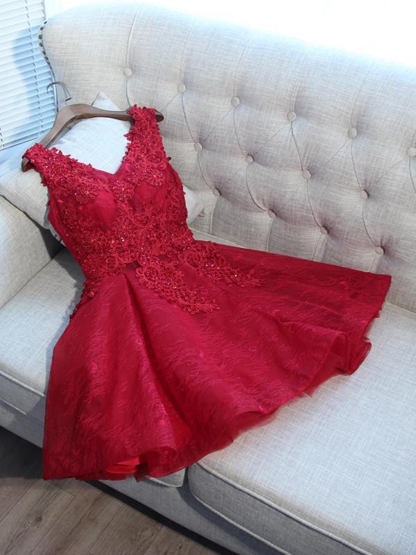 A-Line Cara Homecoming Dresses V-Neck Red Tulle Sleeveless With Appliques 584