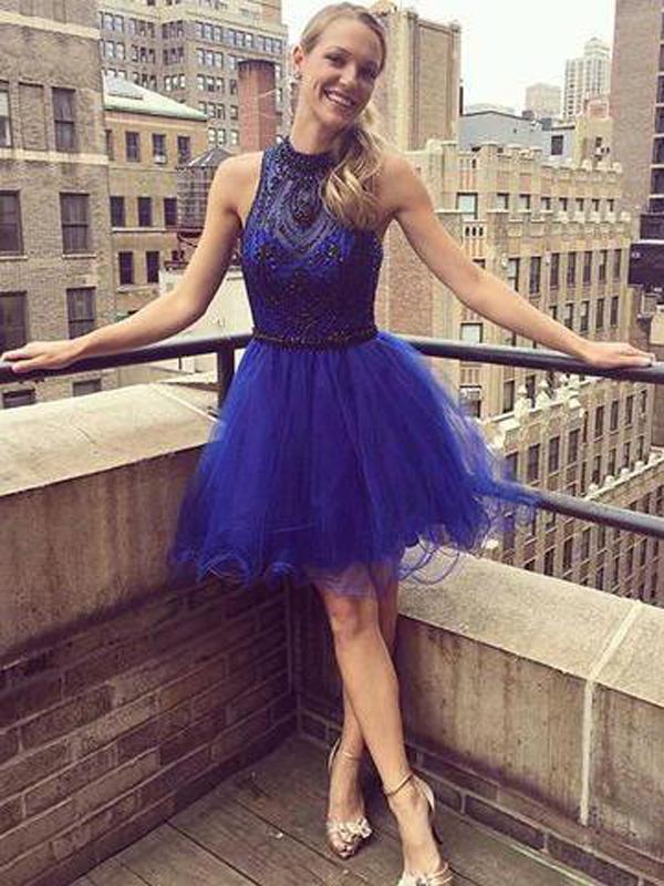 Short Beading With Halter Royal Blue Ashlyn Homecoming Dresses Neckline Affordable 597