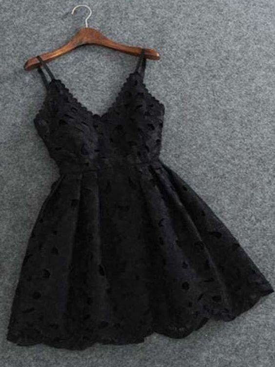 Simple Black Spaghetti Straps Short Cheap Lace Homecoming Dresses Cheyenne 612