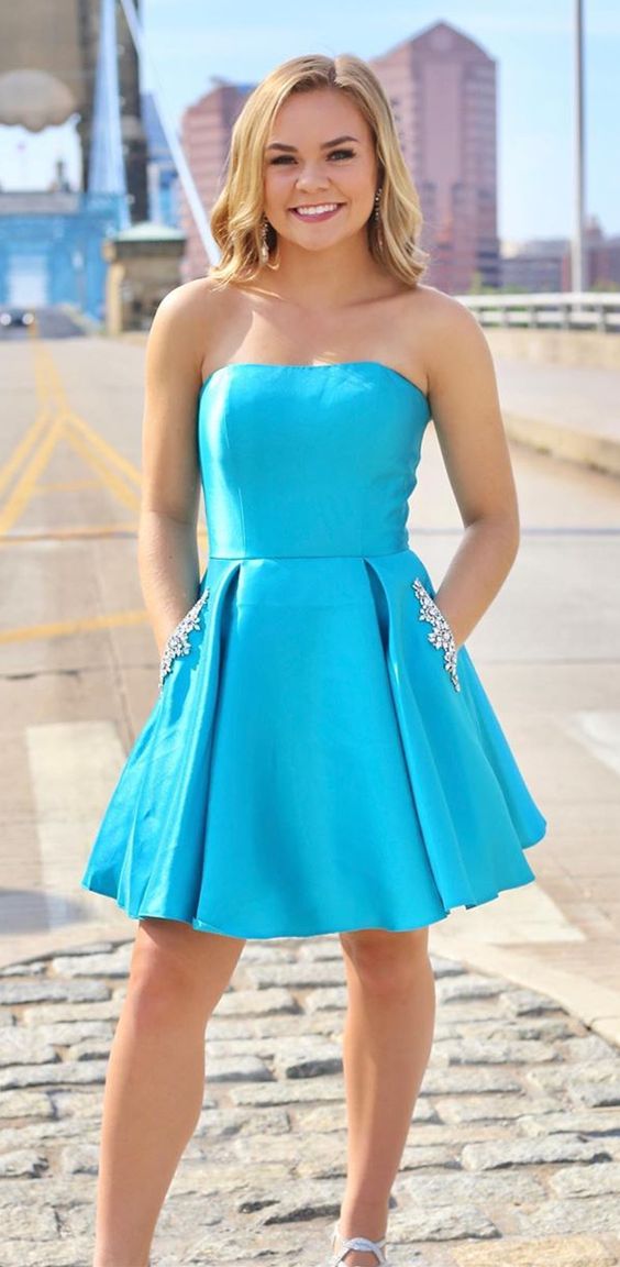 Strapless Light Blue Short With Pockets A Line Homecoming Dresses Kali Beading 6265