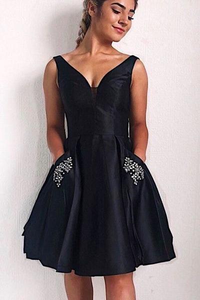 Gorgeous V Neck Black Short Homecoming Dresses Kendra A Line With Pearls 6731