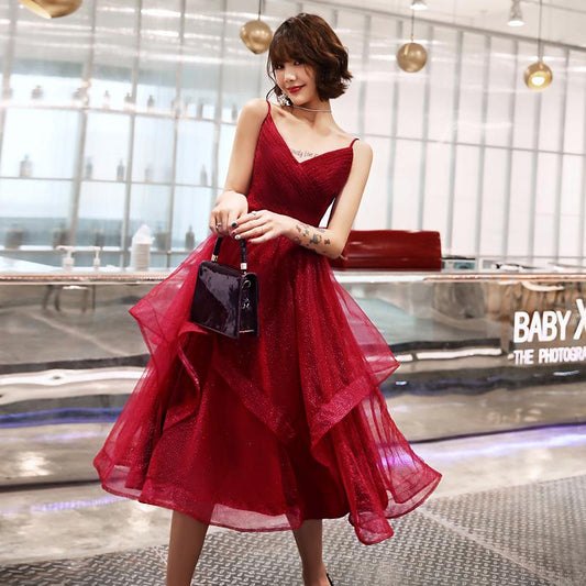 BURGUNDY V NECK TULLE Gianna Homecoming Dresses SHORT 712