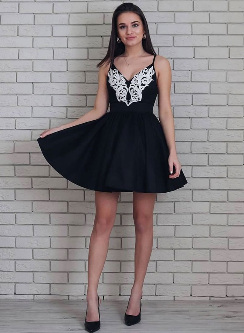 Cute V Neck Short Dress Homecoming Dresses Blanche Lace 726