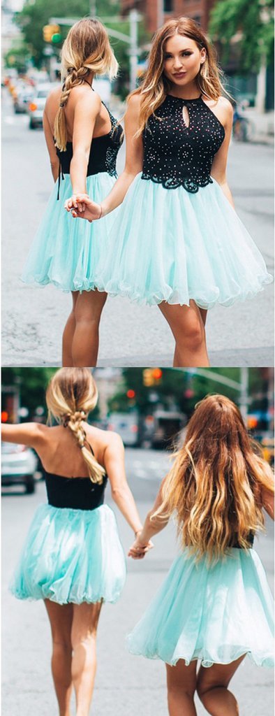 Black Tiffany Blue Tulle Beading Halter Homecoming Dresses Amaya Lace 758