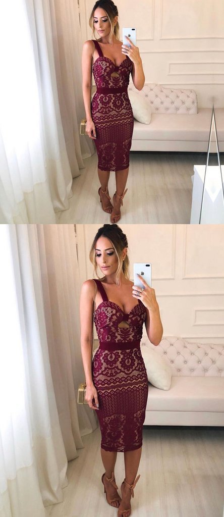 Burgundy Scarlet Homecoming Dresses Lace Sheath Tight Knee Length 763