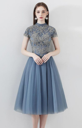 Blue Tulle Short Sleeves High Neck Appliques Amy A Line Homecoming Dresses 810