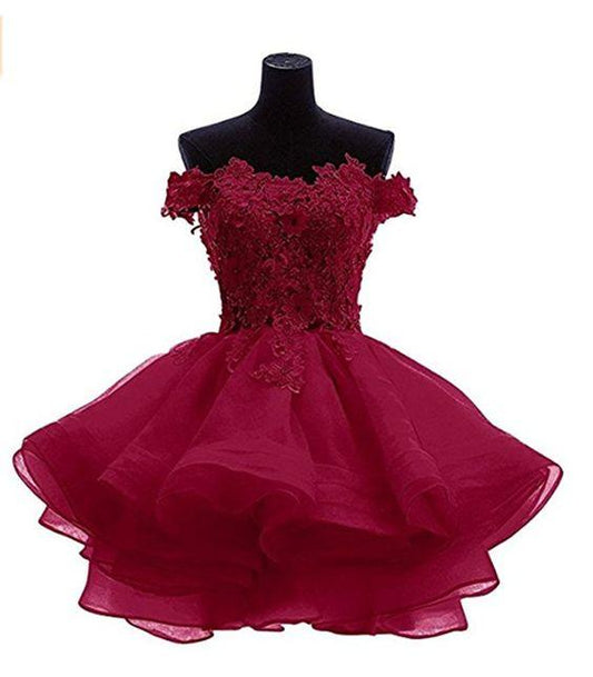 Sexy Homecoming Dresses Summer Off Shoulder Burgundy Puffy Short 9066