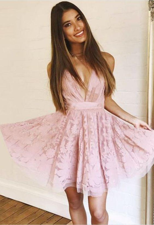 Lace Pink Fiona Homecoming Dresses V-Neck 90