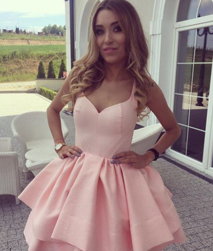 A-Line V-Neck Short Pink Alisson Homecoming Dresses Satin 933