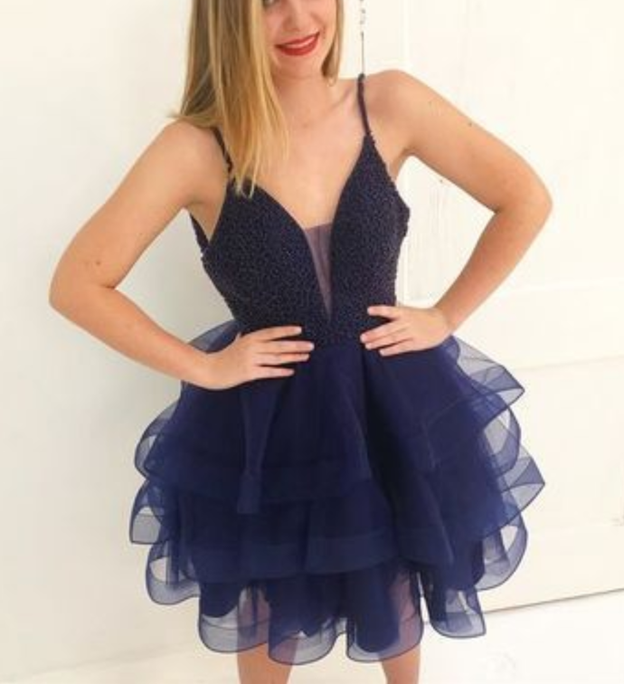 Beautiful Short Dress Beaded Homecoming Dresses Elsa Navy Blue Dress 935