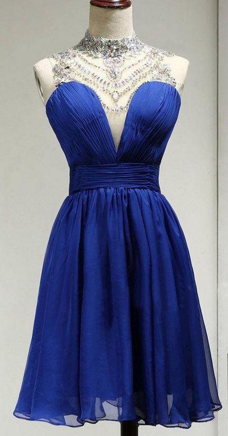 High Neck Short Homecoming Dresses A Line Madilyn Royal Blue Gowns 9573