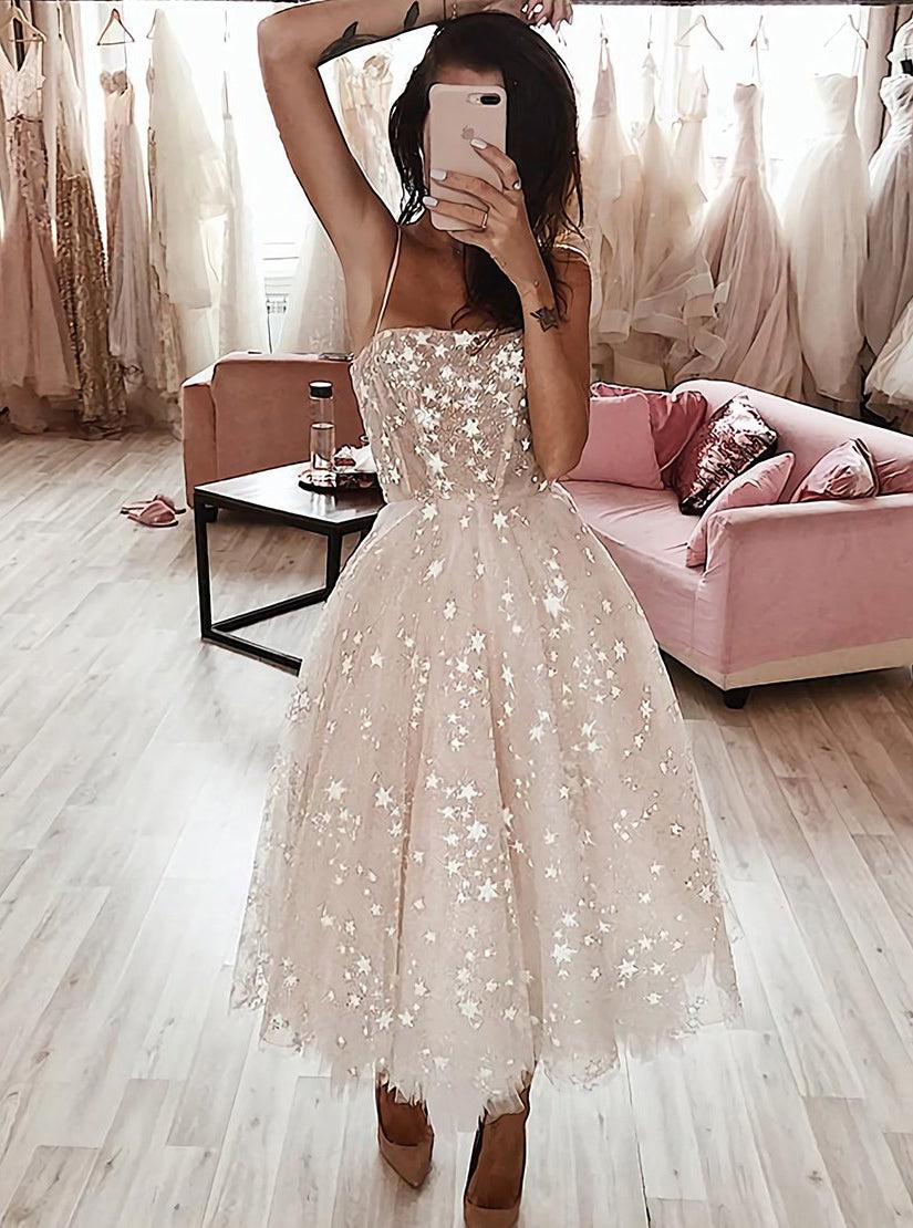 Sleeveless A Line Spaghetti Strap Tea Length Prom Homecoming Dresses