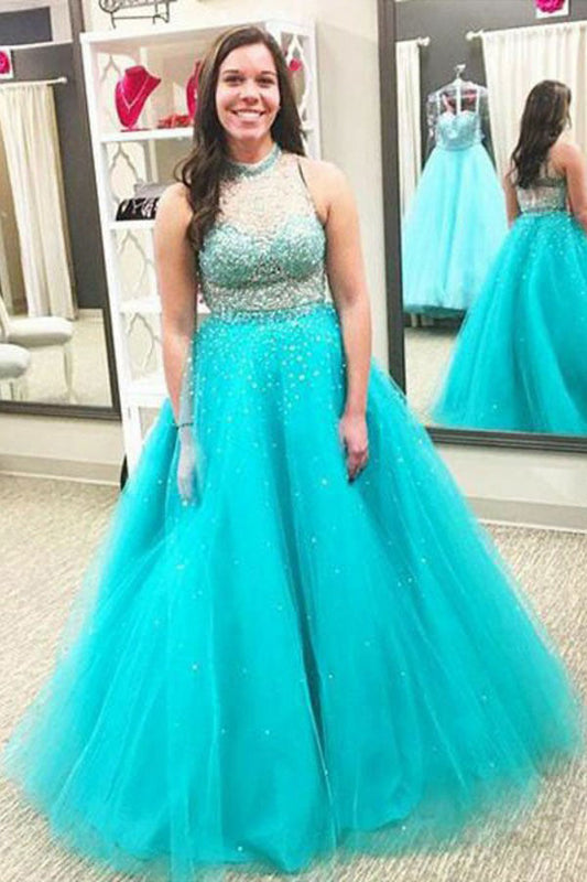 Tulle High Neck Ball Gown Sleeveless Beading Floor-Length Plus Size Dresses