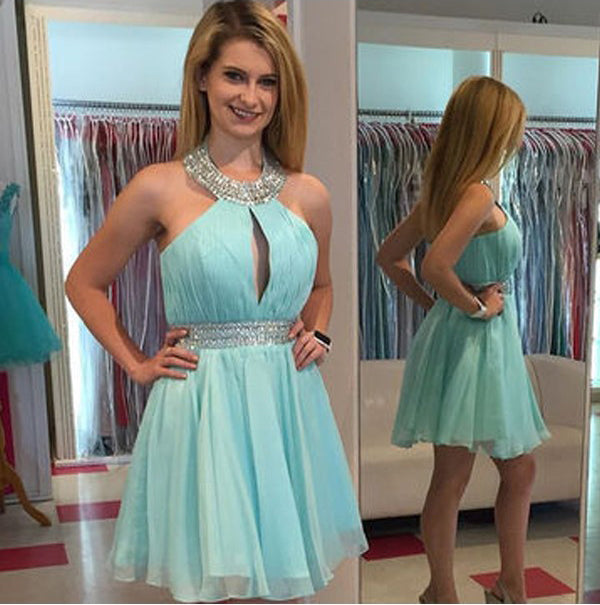 Green A-Line Sleeveless Halter Knee-Length Beading Chiffon Homecoming Dresses