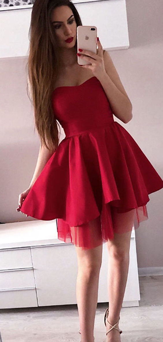 Simple Red Sweetheart A Line Satin Homecoming Dresses