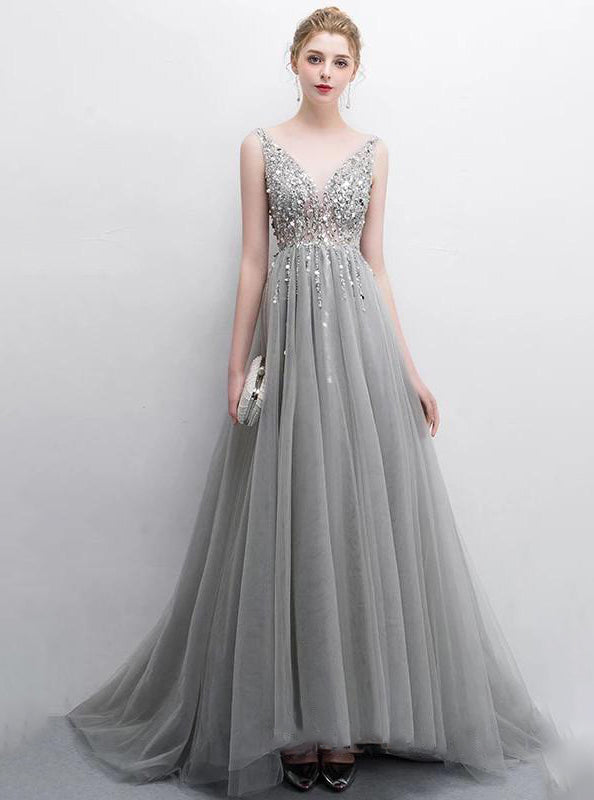 Sparkly Open Back Deep V-neck Long Slit Prom Dresses