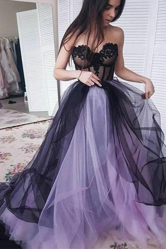 Cute Strapless Sweetheart Long Party Dresses Tulle Sweep Train Prom Dresses