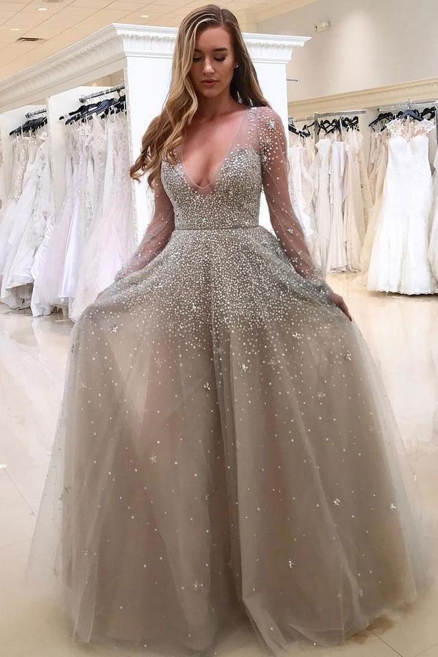 Sparkly Long Sleeves Tulle V Neck Prom Dresses with Sequins